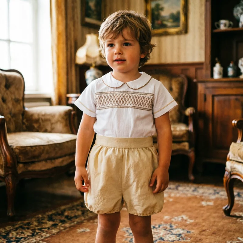Spanish Style Baby Boy Baptism Outfit Collar Lace Short Sleeve Top Shorts Set Infant Christening Suit Summer Toddler Party Sets
