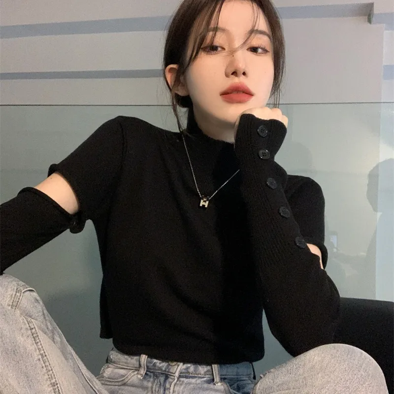 New Korean Style Knitted Sweater with Detachable Sleeves Women Casual Crop Tops Puff Sleeve Pullovers Office Lady Jerseys