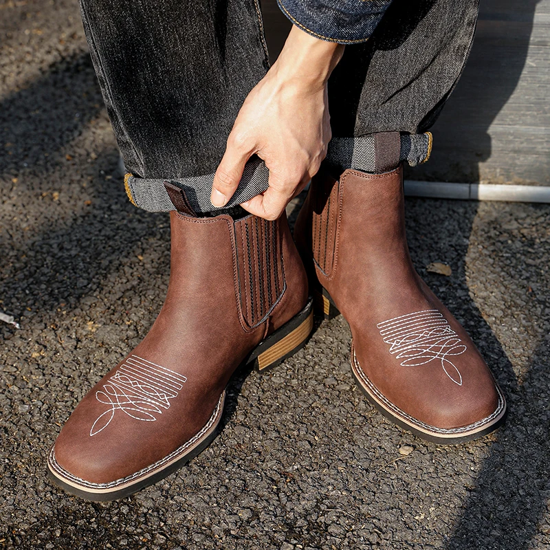 

Men High Top Boots PU Embroidery Low Heel Bare Boots Professional Classic Business Men Boots Sizes 40-47