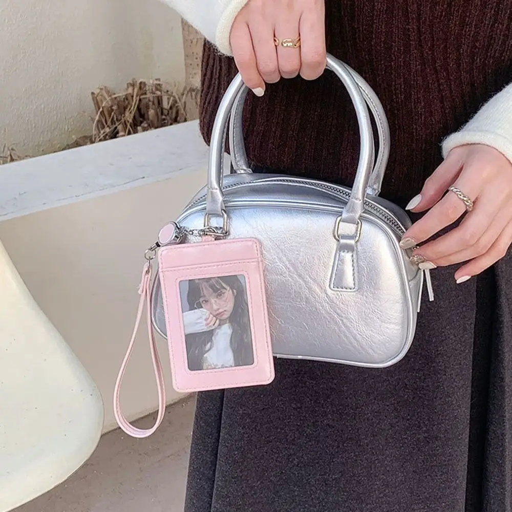 Creative Bow Card Holder Retractable Lanyard PU Leather Photos Protective Cover ID Card Card Holder