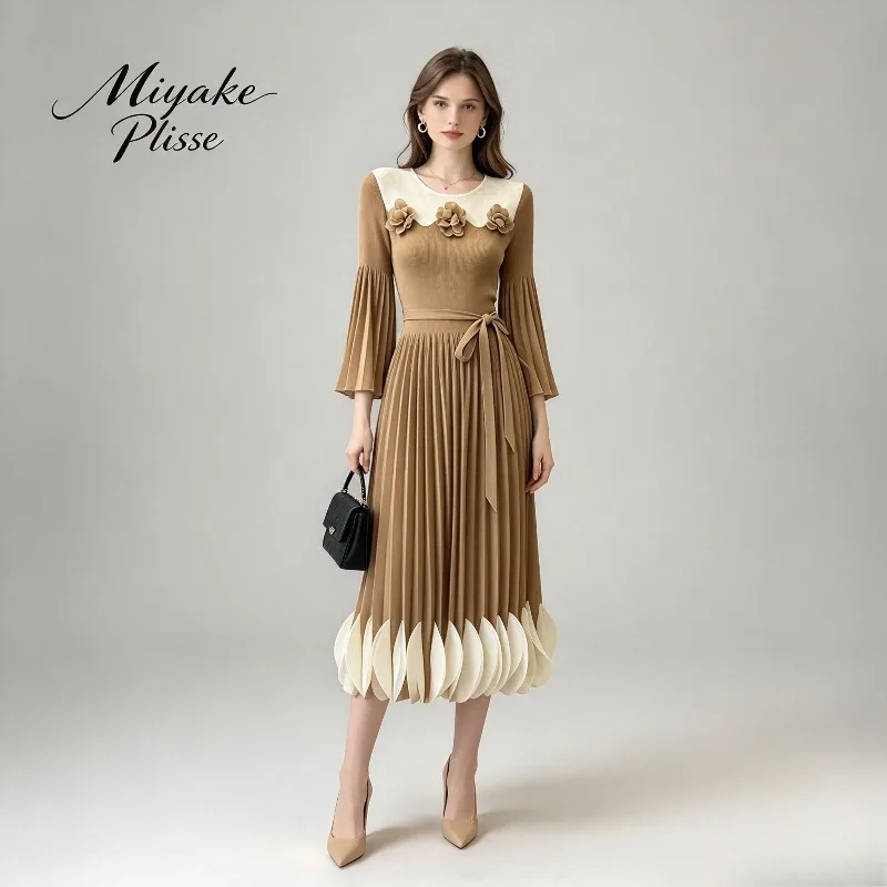 Dress New Style 2026 Spring and Autumn Plus Size Color-Block Round Neck 3D Flower Flare Sleeves Waist-Cinched Petal Hem Ruffles