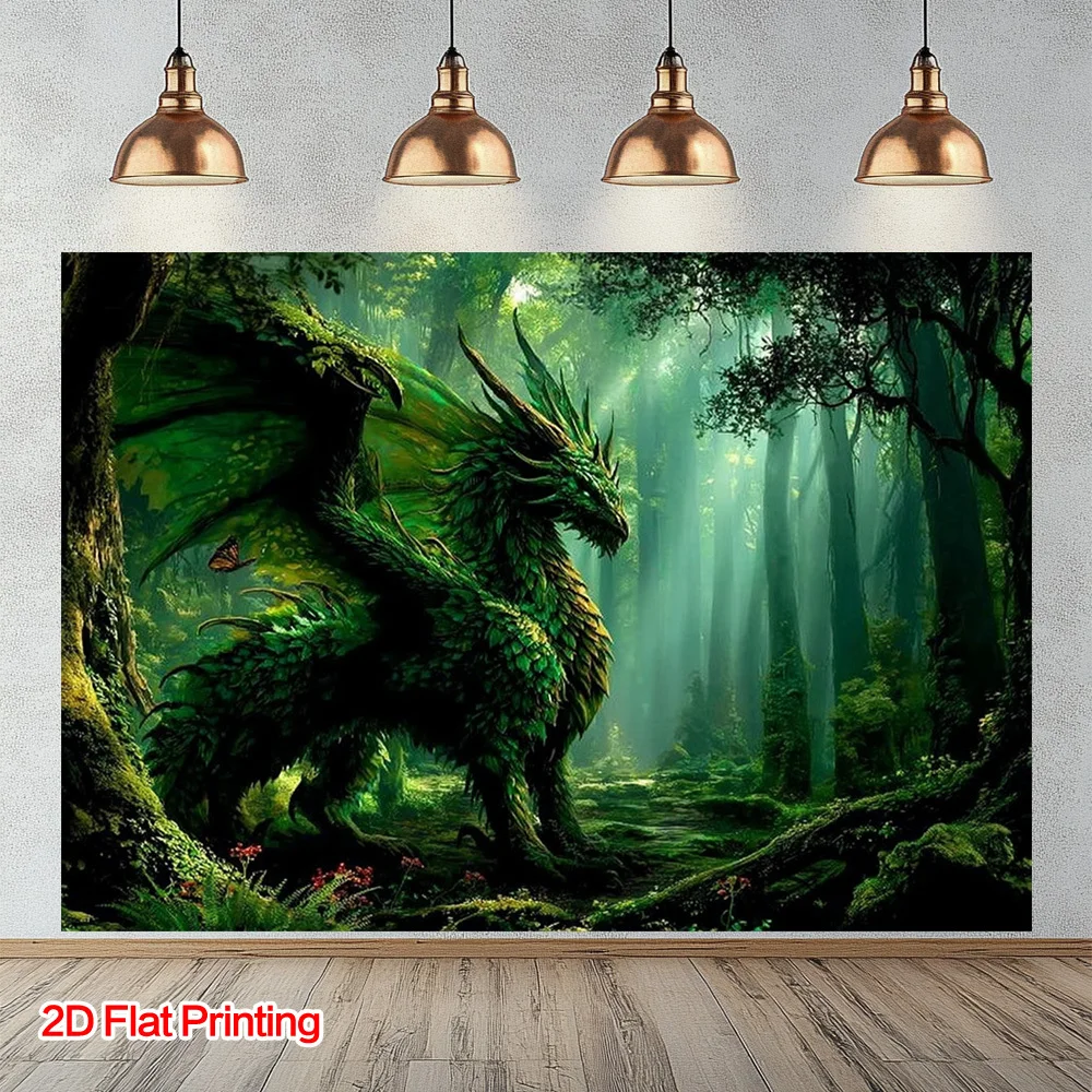 Green Forest Dragon Fantasy Nature Landscape Magic 2D Flat Tapestry Backdrop For Game Room Decor Mythical Wall Hanging Art Print