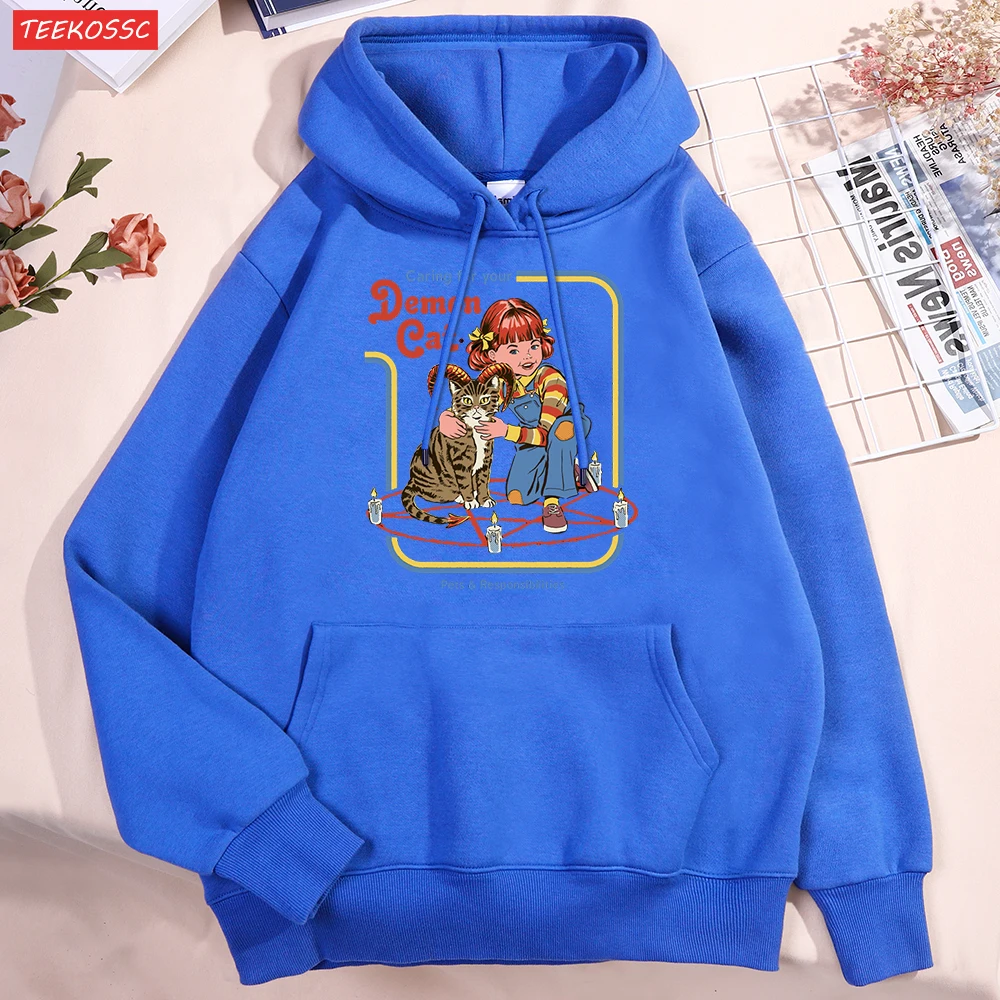 Caring For Your Demon Cat Men Women Streetwear Hip Hop Fleece Hoodies Pocket Loose Sweatshirt Casual Oversize Hoody Pullover