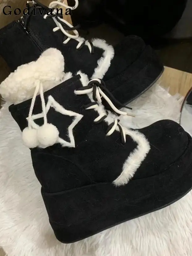 

Japanese Original Lolita Design 7cm Snow Boots Sweet Cute Fleece Lined Warm Thick Sole Height Increasing Short Boots for Women