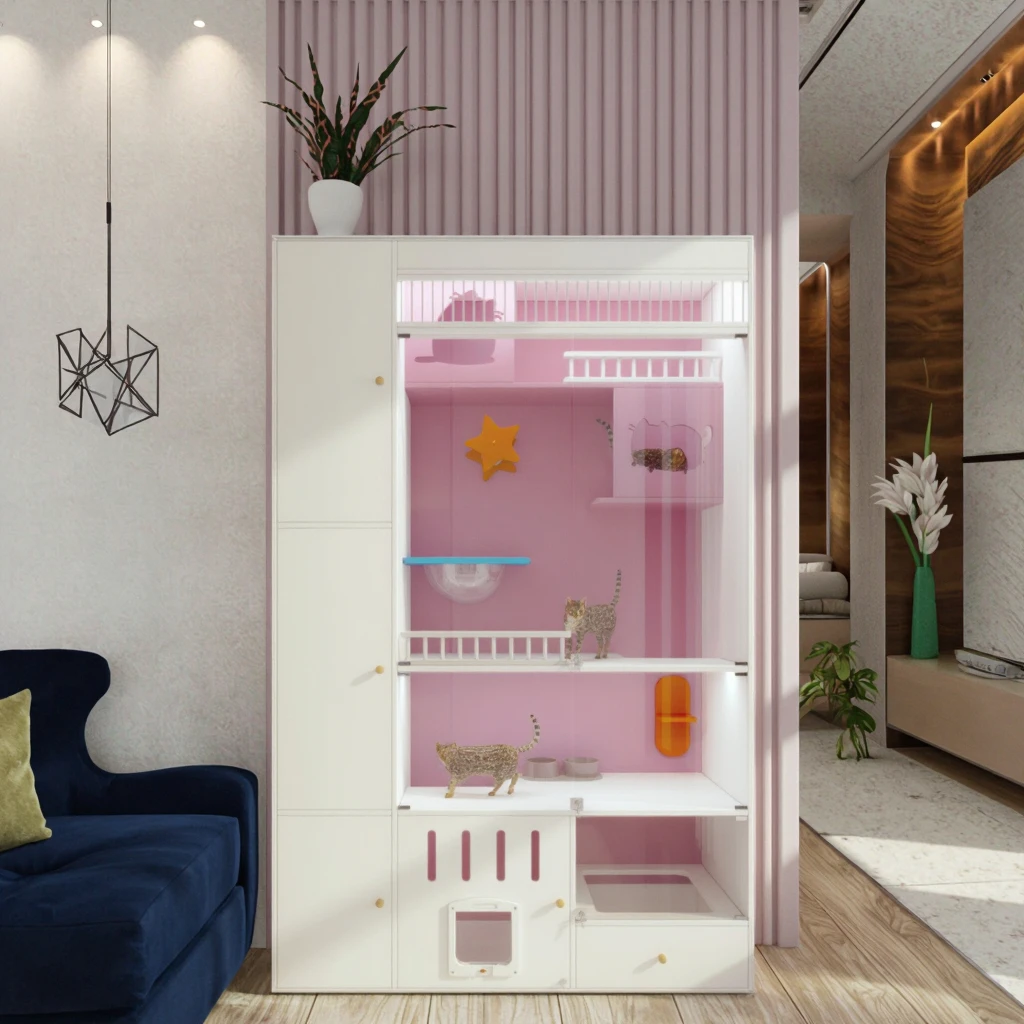 Modern Multi-Level Indoor Cat Condo with Side Litter Box Cabinet and Stylish Design