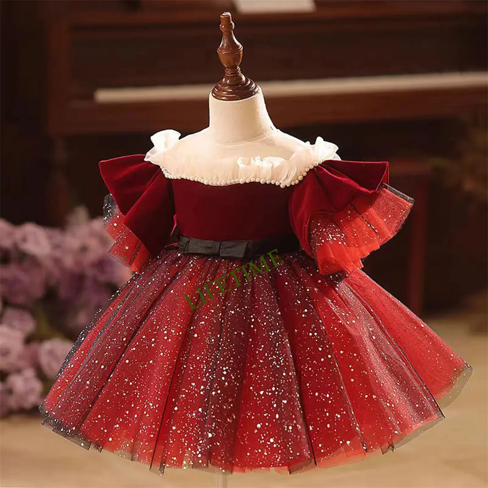 꽃의 소녀 드레스 우아한 푹신한 계층화 된 Tulle 하이 넥 웨딩 우아한 꽃 어린이 첫 성체 생일 파티 드레스