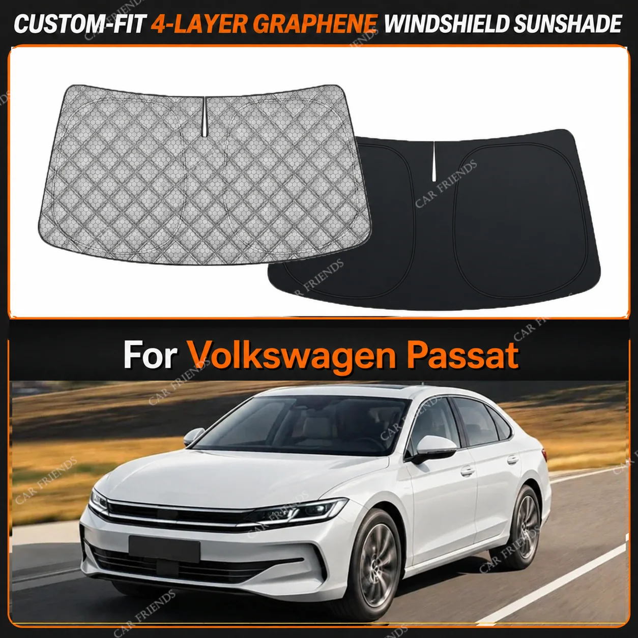 For Volkswagen Passat Custom-Fit 4-Layer Graphene Windshield Sunshade Reflective Gray-Silver Surface Foldable Design