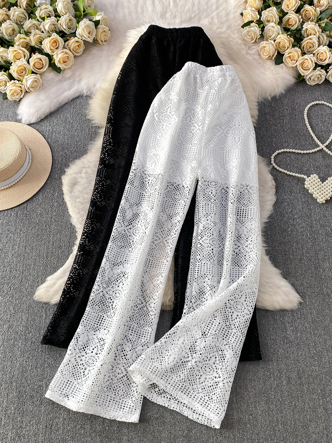 

White Casual Pants Women's 2026 New Style Hollow out Fashion Sexy Hot Girl High Waist Slim Straight Leg Wide Leg Pants