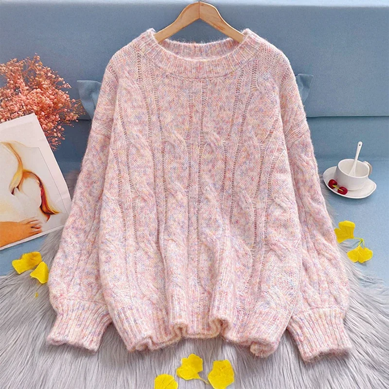 パステルピンクケーブルニットセータープルオーバー女性ティーンガール長袖クルーネック居心地の良いジャンパーソフトガールフェアリーケイ原宿衣装