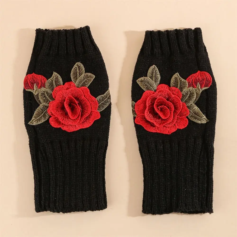 All-Match Vintage Embroidery Knitted Gloves Floral Thick Winter Wool Gloves Waterproof Warm Crochet Flower Mittens Autumn