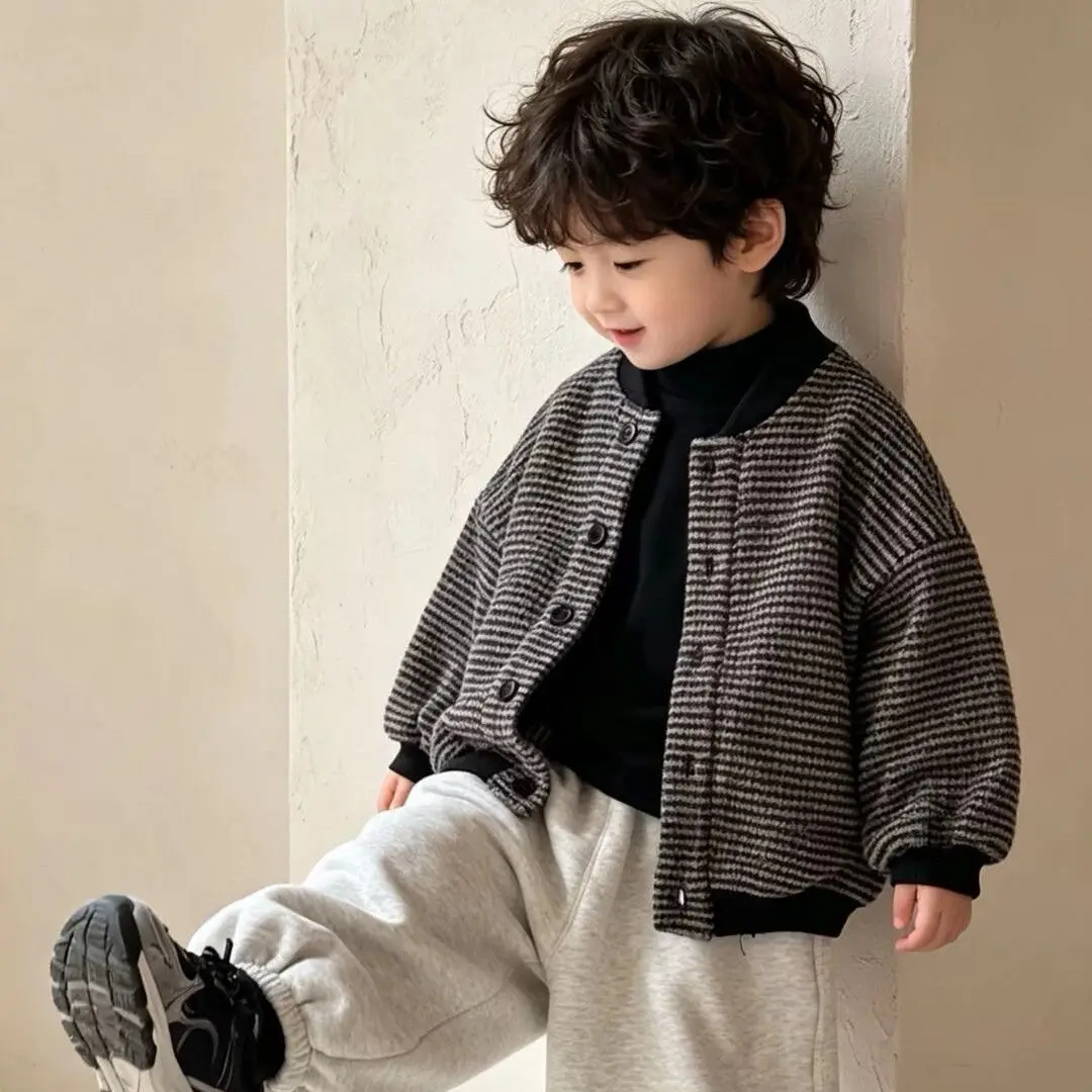 Boys Striped Jacket Autumn 2026 New Fashion Casual Outerwear Zip-Up Coat for Kids