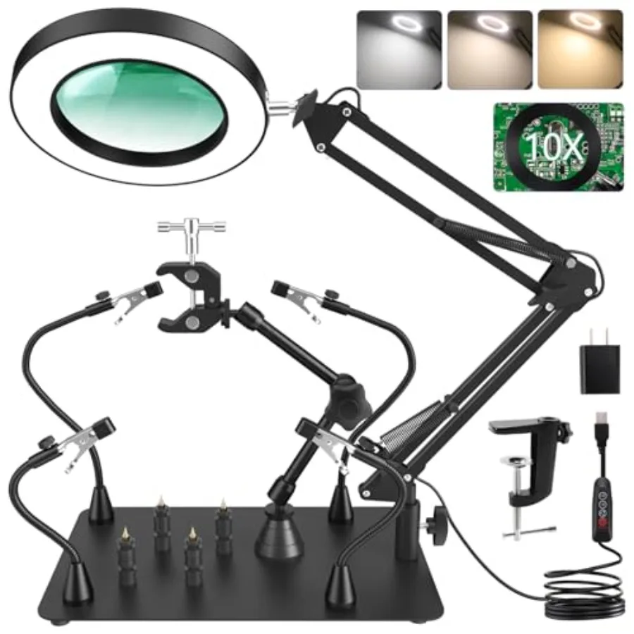 

Helping Hands Soldering Station, 10X with Light with Clamp, 4 Magnetic Third Hand and 4 PCB Holders, 360° Hot Air Gun Holder, D
