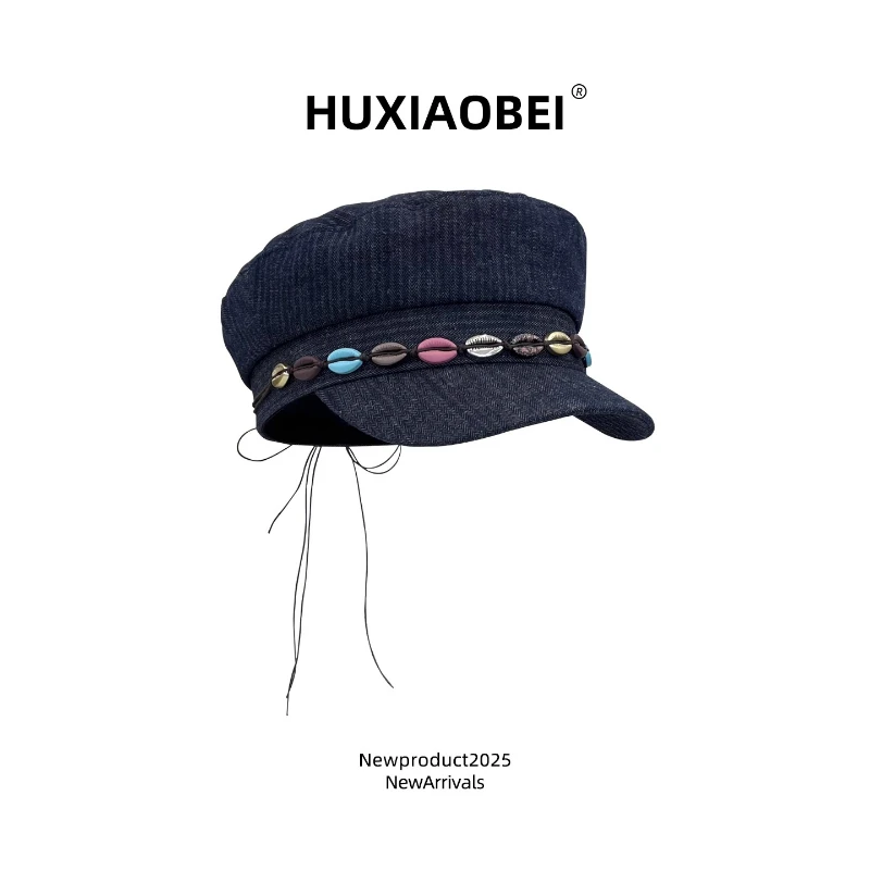 Niche New Ethnic Style Shell Straps Denim Painter Hat Women's Spring and Autumn Travel Fashion Sunshade Literary Berets Cap