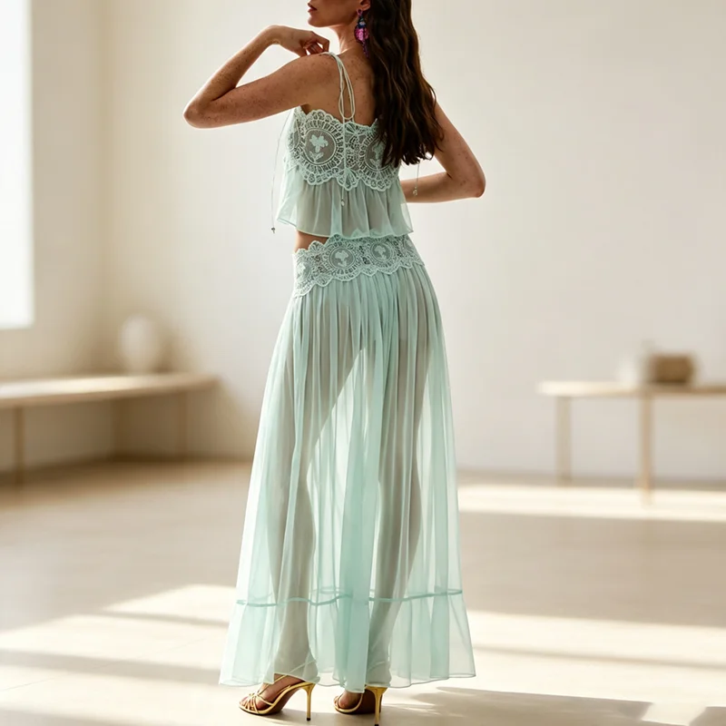 Women Lace Spaghetti Strap Crop Top Long Skirt Two Piece Set Sheer Mesh Ruffle Hem Skirt Suit Summer Beach Vacation Solid Outfit view 6