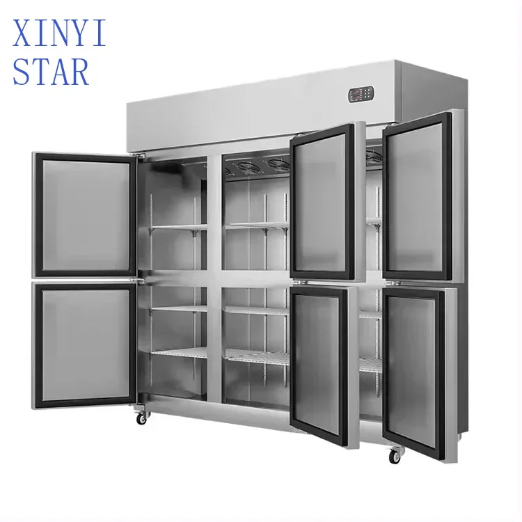 Viertüriger, doppeltemperaturiger, vertikaler, luftgekühlter Kühlschrank, Restaurant-Küchen-Gefrierschrank, 2 Stück, 4 Türen, volle 6 Türen, Einzahlung
