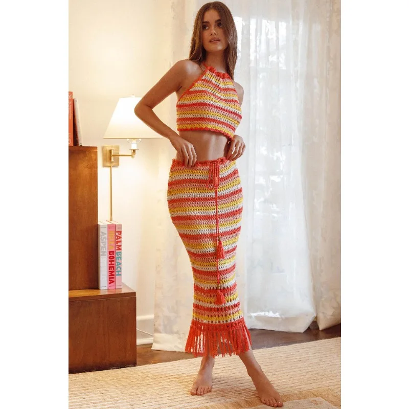 

Knit Striped Patchwork Tassel Slim Two Piece Set Women Halter Sleeveless Crop Top High Waist Drawstring Skirt Hipster Streetwear