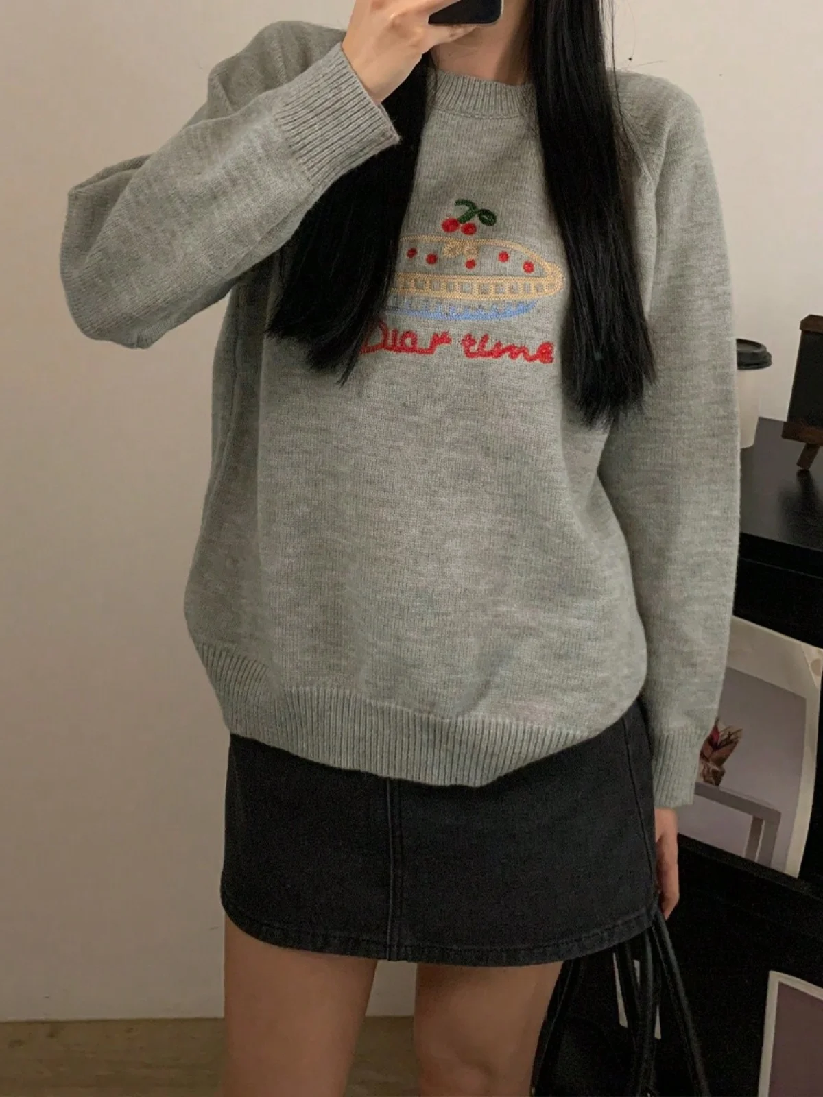 

Корейский милый свитер с вышивкой, женский мягкий уютный теплый зимний вязаный круглый свитер Ne Long Sve, свободный крой, повседневный