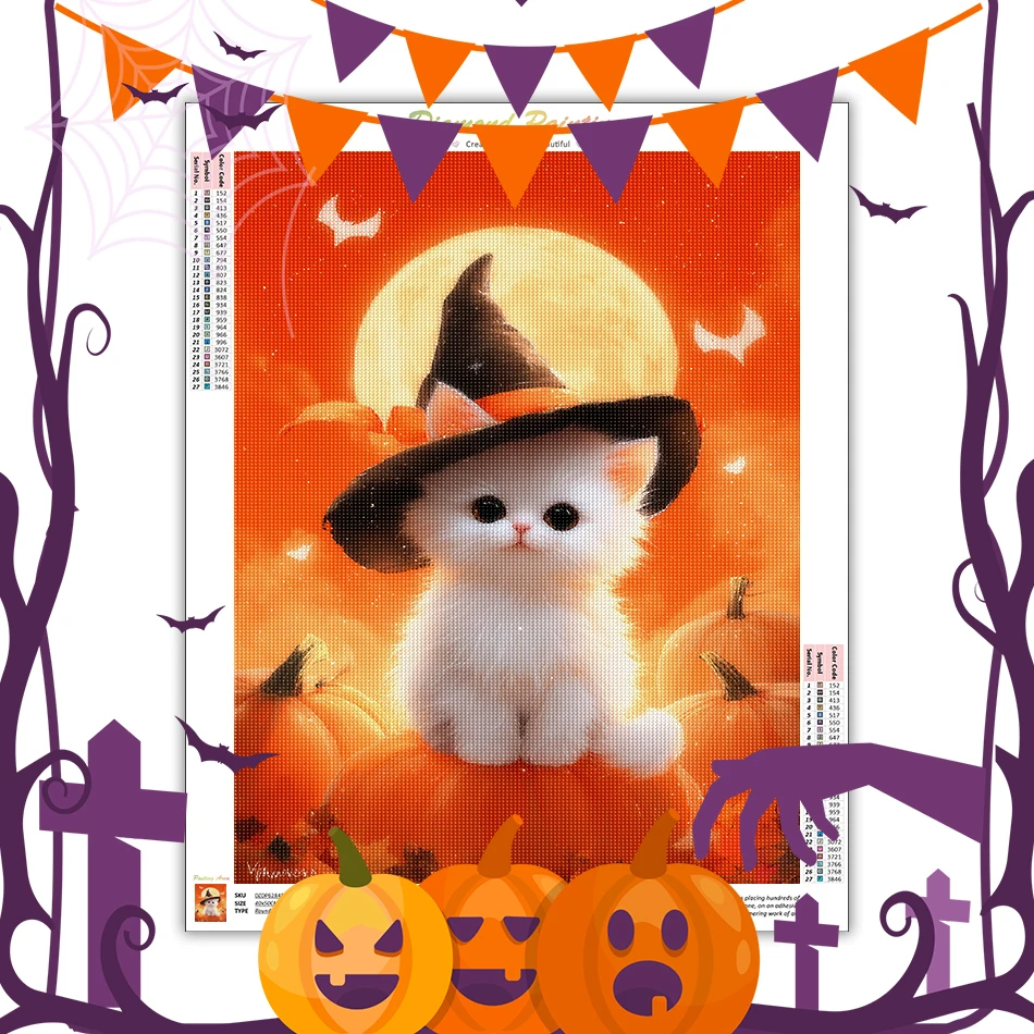 

SDOYUNO Diamond Painting White Cat Pumpkin Halloween Animal 5D Diamond Art Kit Rhinestones Wall Art Picture Gift home decoration