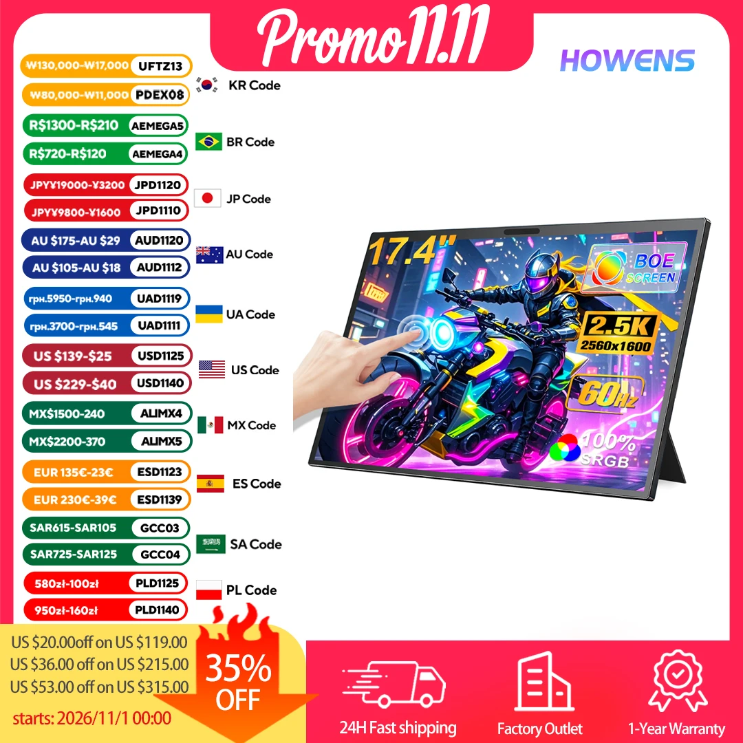 Touch Portable Monitor 17.4 Inch 2.5K 2560x1600 Second Screen USB-C HDMI Travel Monitor for Laptop Mac PC Xbox PS4/5 with Stand