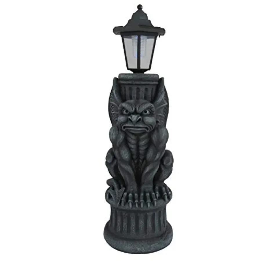 Gargoyle Solar Light 20 Inch Gothic Garden Statue with LED Lantern for outdoor decoration, cast resin, black, weather-resistant
