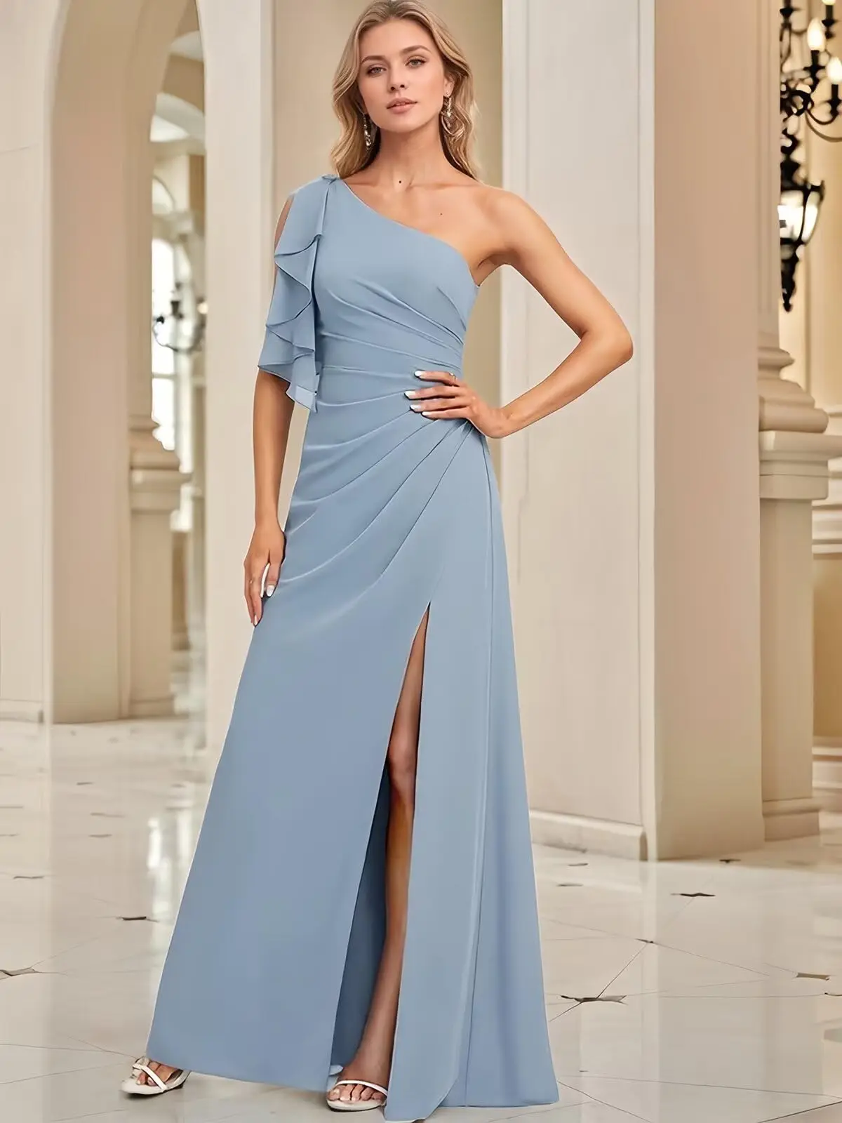 Abiti da damigella d'onore con volant in chiffon per matrimonio Abito da sera formale da ballo con una spalla e spacco