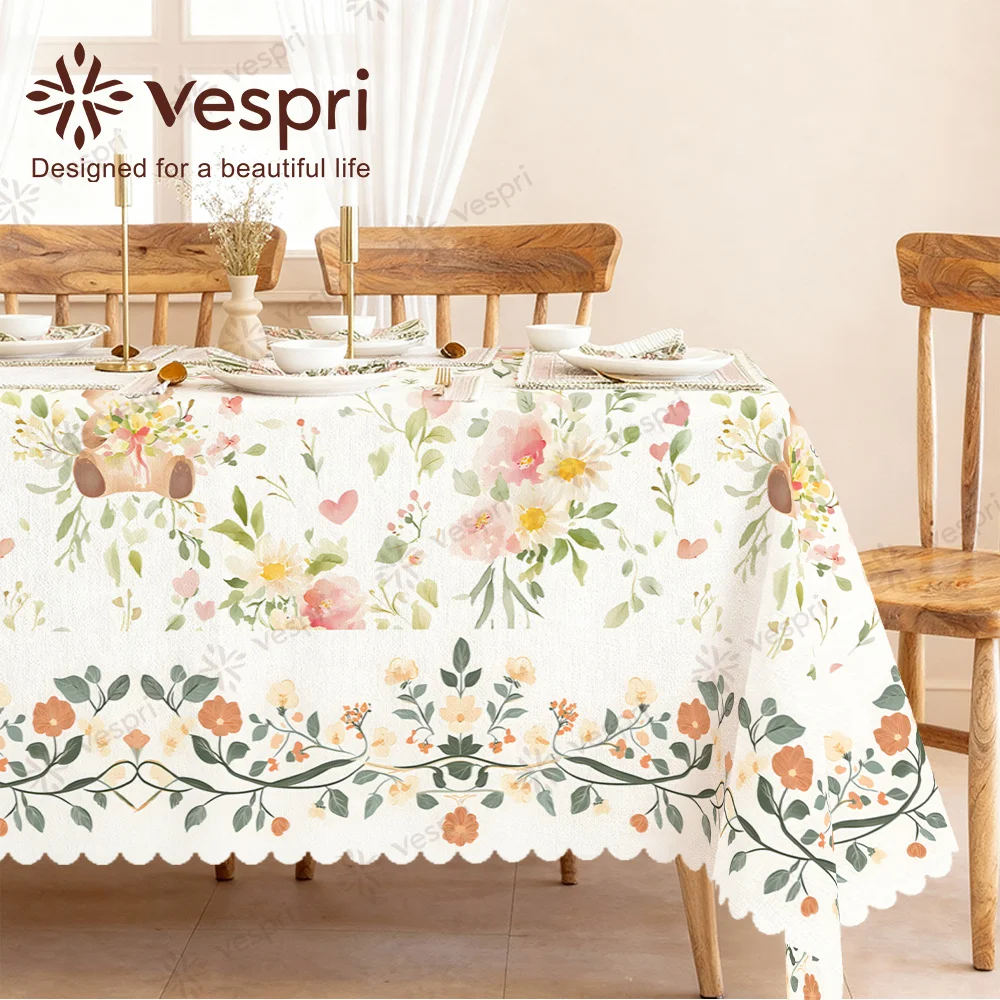 Farm-style tablecloth, with white and green decorations, featuring flowers and heart shapes, in a contemporary style.