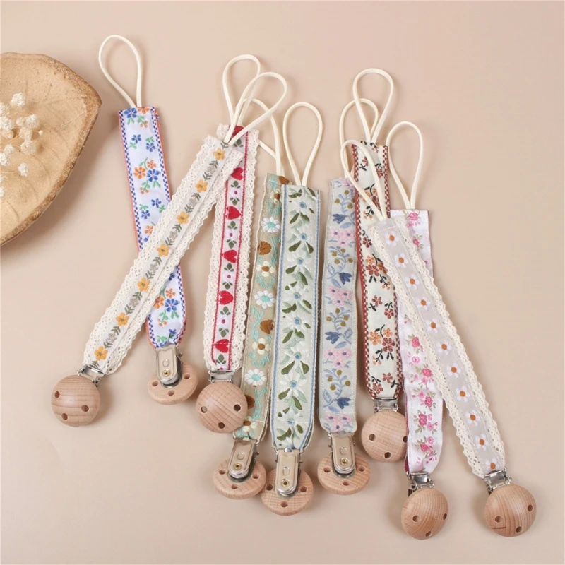 Embroidery Lace Baby Pacifier Clips New Floral Newborn Anti-drop Pacifier Clip Chain Dummy Nipple Holder Pacifier Soother Clips