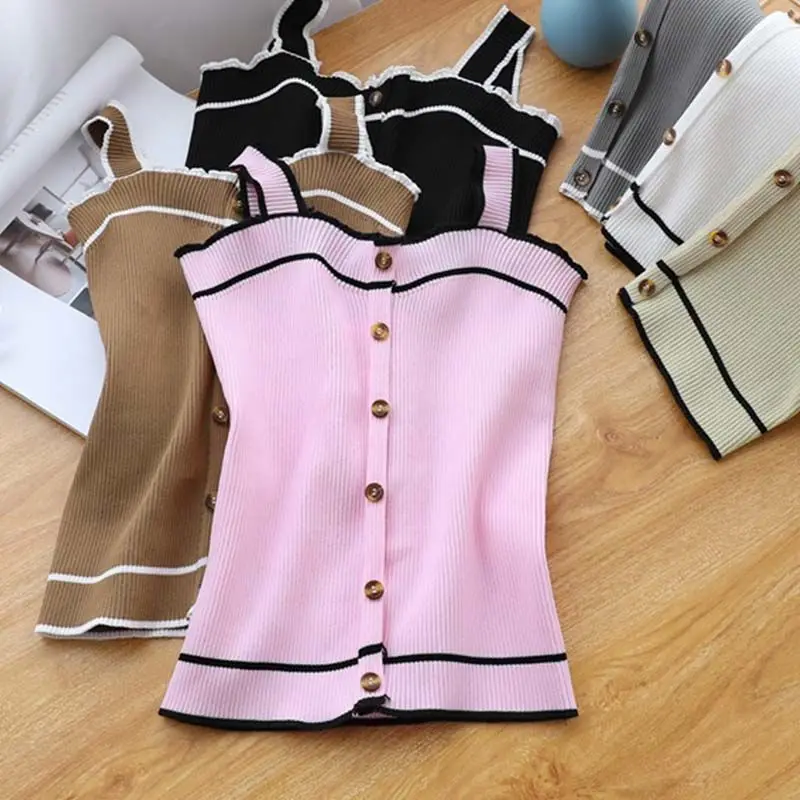 New Knit Tank Top Button Crop Tops Sexy Women Summer Camis Backless Camisole Fashion Casual Tube Female Sleeveless Cropped Vest