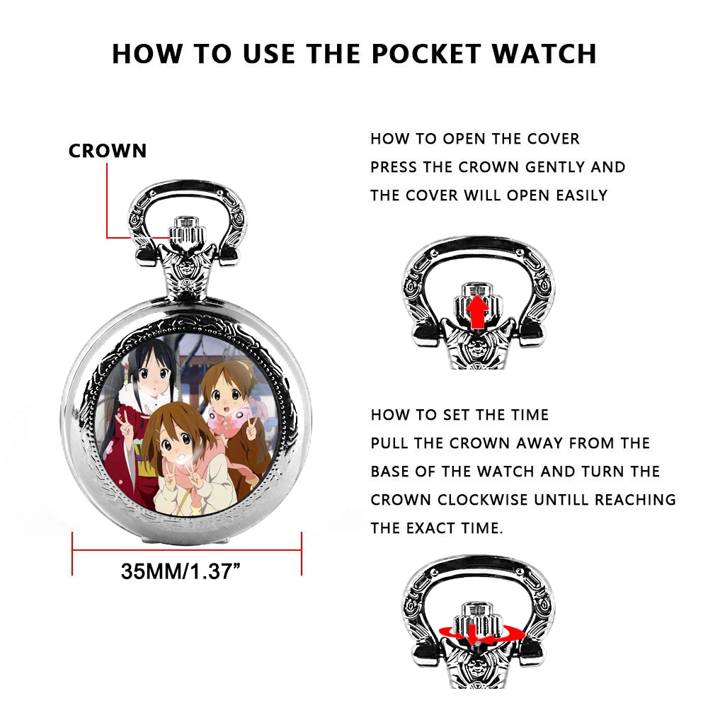 Anime K-On! Orologio da tasca al quarzo nero con cupola in vetro con quadrante con numeri arabi e catena resistente, regalo retrò per uomini e donne