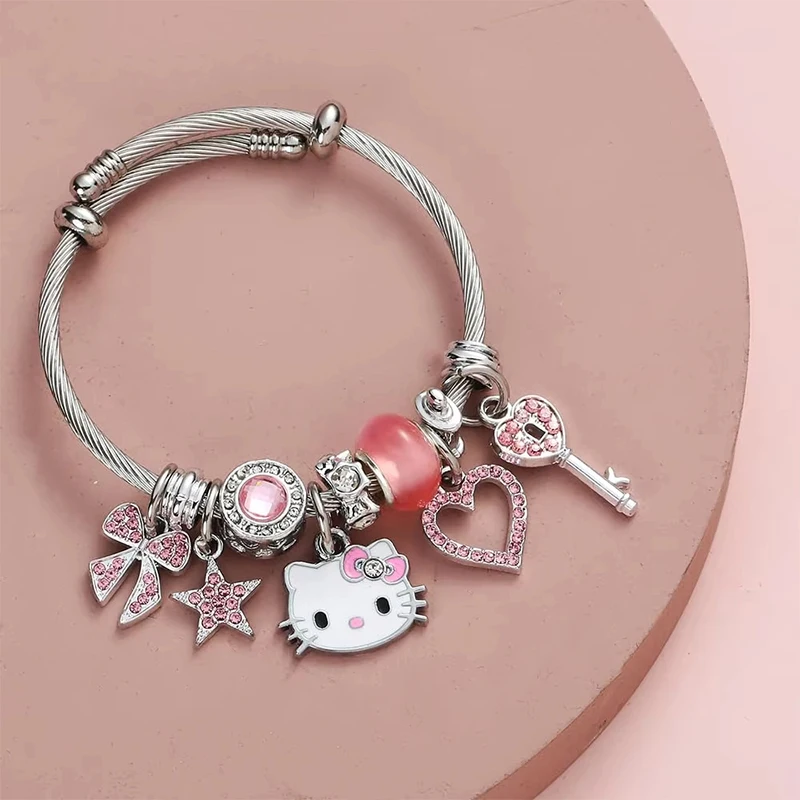 Hello Kitty Bracelet Women Charm Bracelets Cartoon Stainless Steel Bangle Bracelet Birthday Christmas Jewelry Gift for Girls