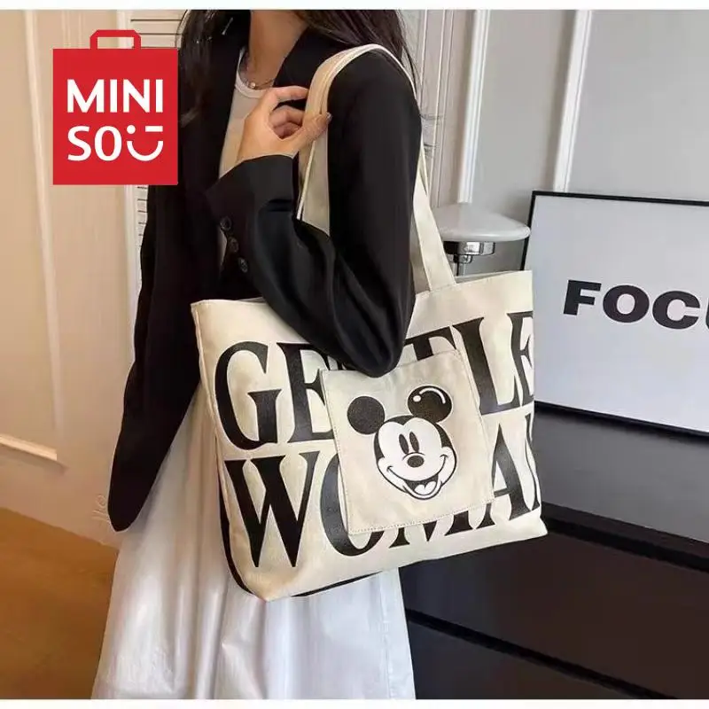 Mickey Mouse Shoulder Bag Kawaii Disney Cute Anime Kids Toys Versatile Tote Bag Students Large Capacity Storage Books Canvas Bag