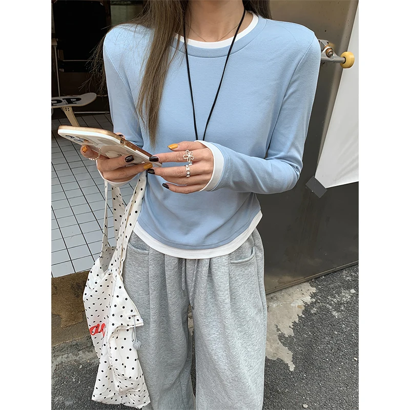 

GAODINGLAN Round Neck Color Blocking Women T-shirts Long Sleeve Fake Two Pieces Bottom Tops Female Slim Waist Tees Spring Autumn