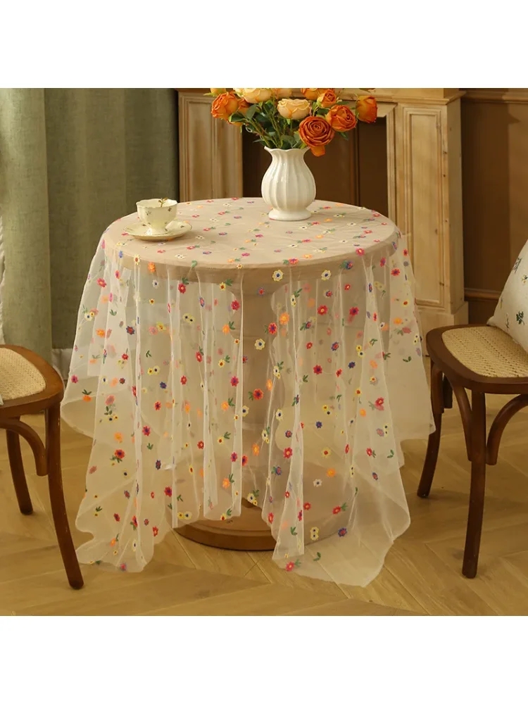 Stylish colorful embroidered floral tablecloth, made of mesh lace and soft tulle fabric, suitable for wedding table and dressing