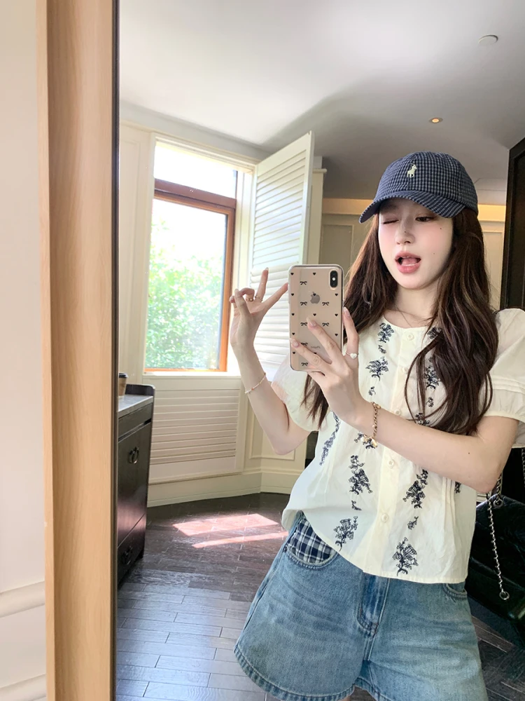 

Нежная вышитая женская хлопковая блузка с рукавами-фонариками, универсальная, омолаживающая, летняя, модная, повседневная, дышащая, короткая