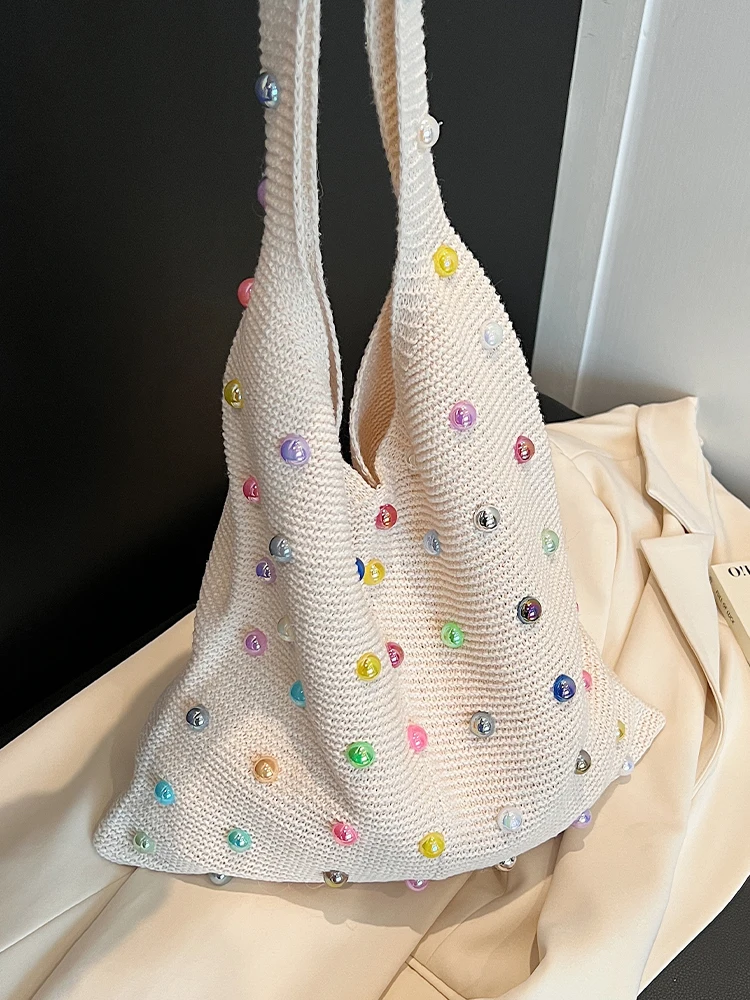 Underarm Knitted Bag for Women Korean Fashion Casual Versatile Large Capacity Tote Bags 2024 Summer New Niche Shoulder Bag