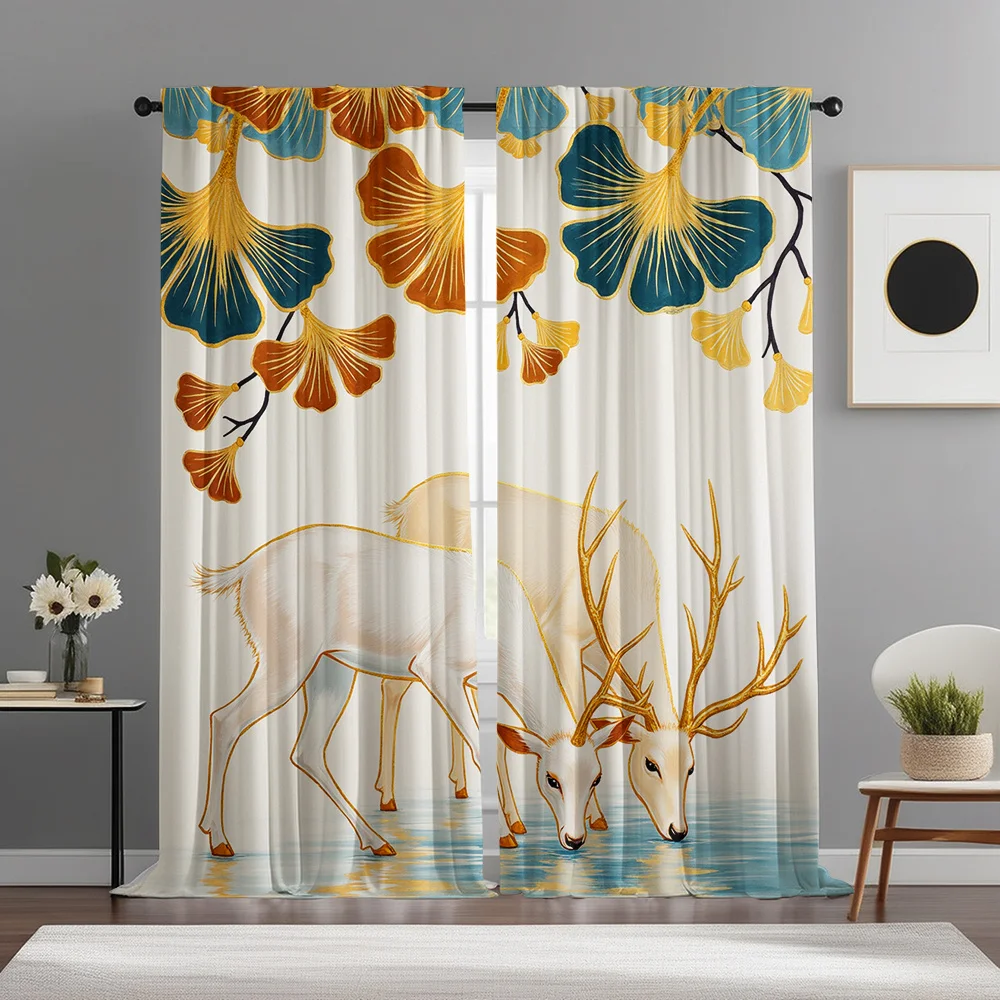 2pcs Ginkgo White Deer Water Play Natural Style Printed Curtains, Easy Artistic Style with Rod Pocket for Home Decoration, Suita