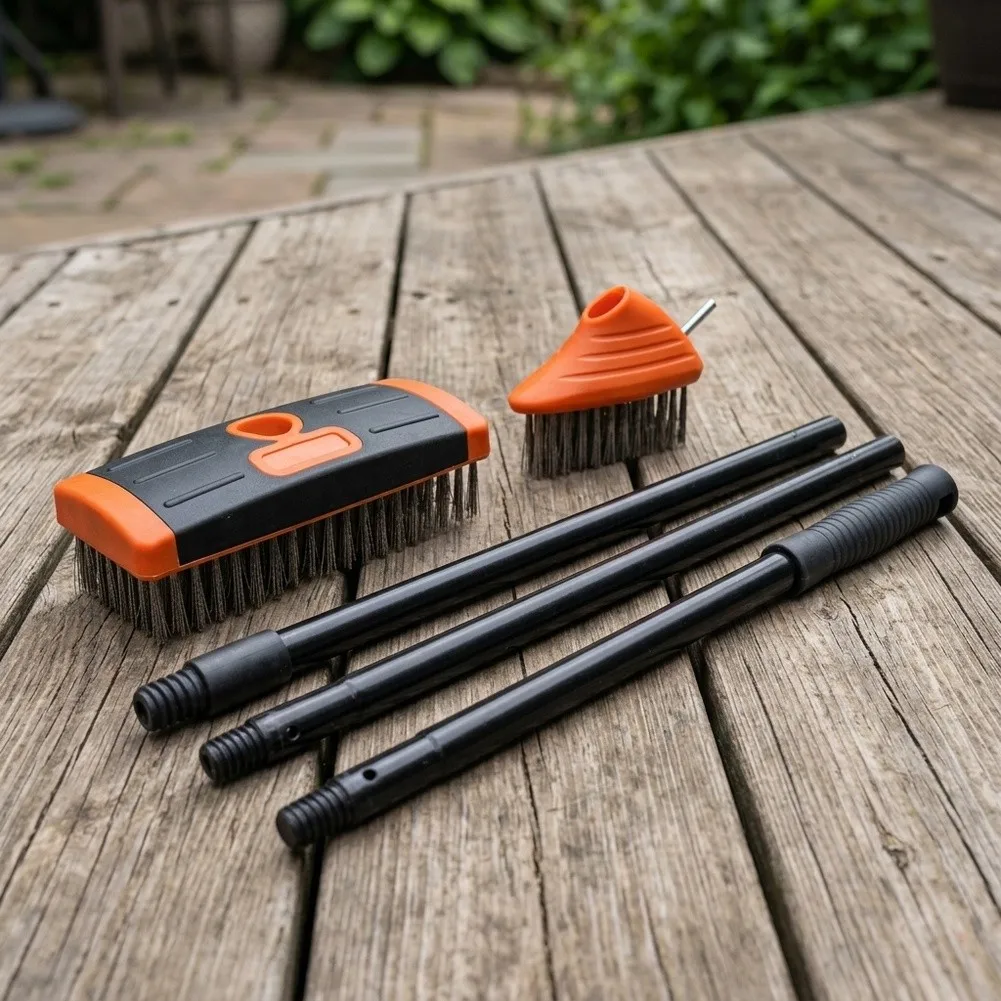 Steel Wire Brush Set with Heads and Adjustable Handle for Patio Driveway Garage and Deck Maintenance Without Bending
