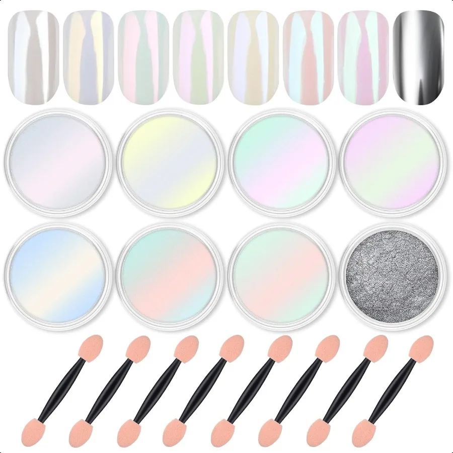 

8-баночная хромированная пудра для ногтей Magic White Pearl Kit с зеркальным эффектом Sier Металлическая голографическая пудра для ногтей для полимерного ремесла Nail Ar