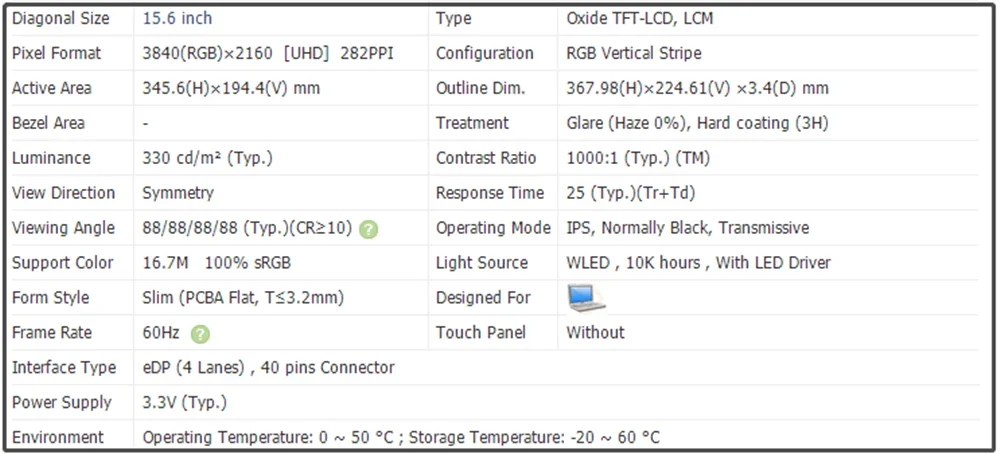 Pantalla LCD de 15,6 pulgadas Panel IPS UHD 3840x2160 60 Hz EDP 40 pines 100% sRGB 330 cd/m2 (Tipo) LQ156D1JX01