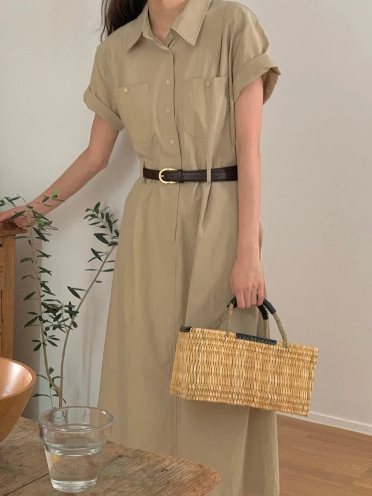 夏の新作レディースワンピース ヴィンテージカラー ダブルポケット バック スリット入り エラスティックハイウエスト Aライン ロングワンピース 韓国風 通勤