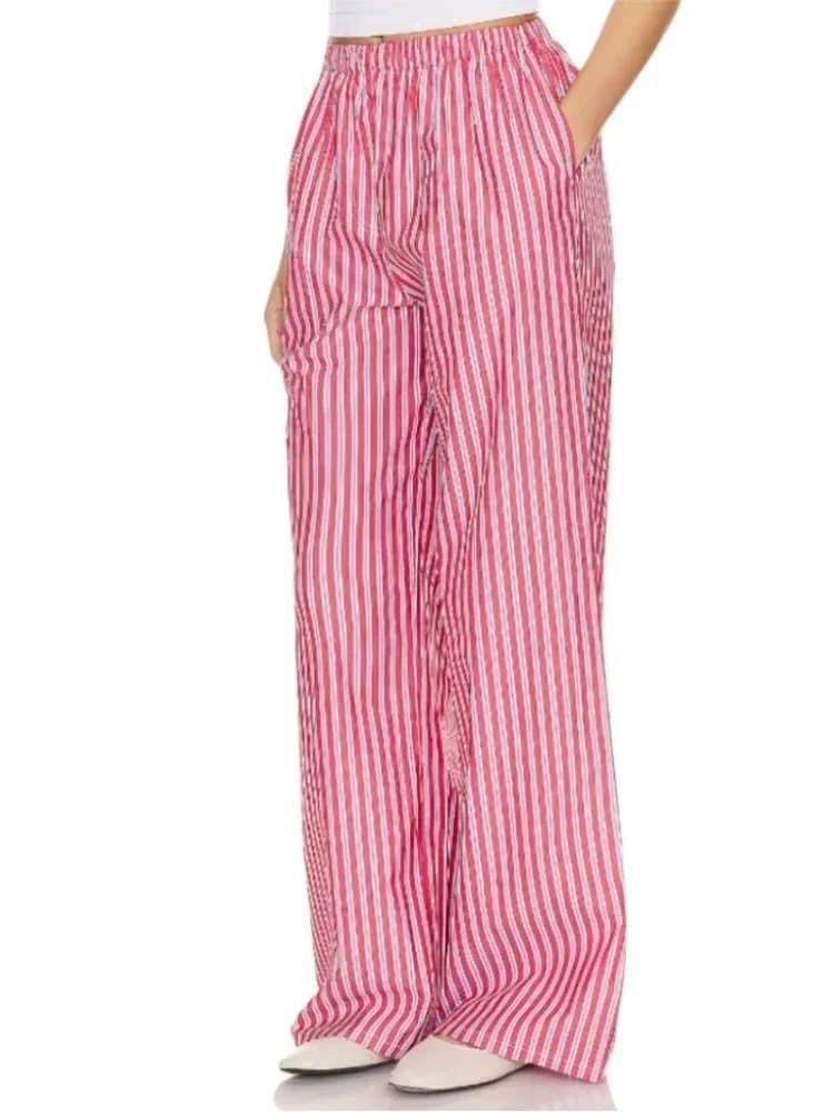 

Fashion Women's Palace Pants Striped Wide Leg Bottoms New Casual Pockets Elasticity Loose Red Female Trousers for Traveling