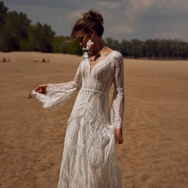 

Customized Bohemia Wedding Dresses For Women V-Neck Backless Bridal Gowns Flare Sleeves Lace Vestidos De Novia Robes De Mariee