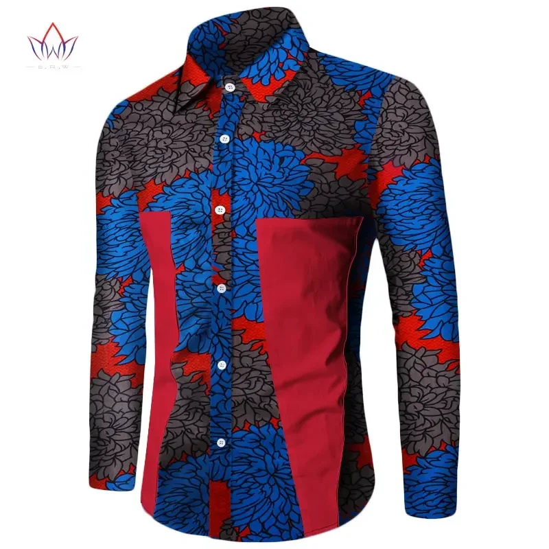 Bintarealwax Plus Size African Shirt for Men Dashiki Long Sleeve African Clothes Patchwork Casual Style Men Shirt WYN350