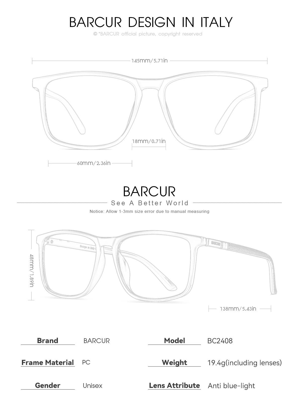 BARCUR Computer Glasses Anti Blue Blocking Light Weight Women Comfortable Eyewear Accessory