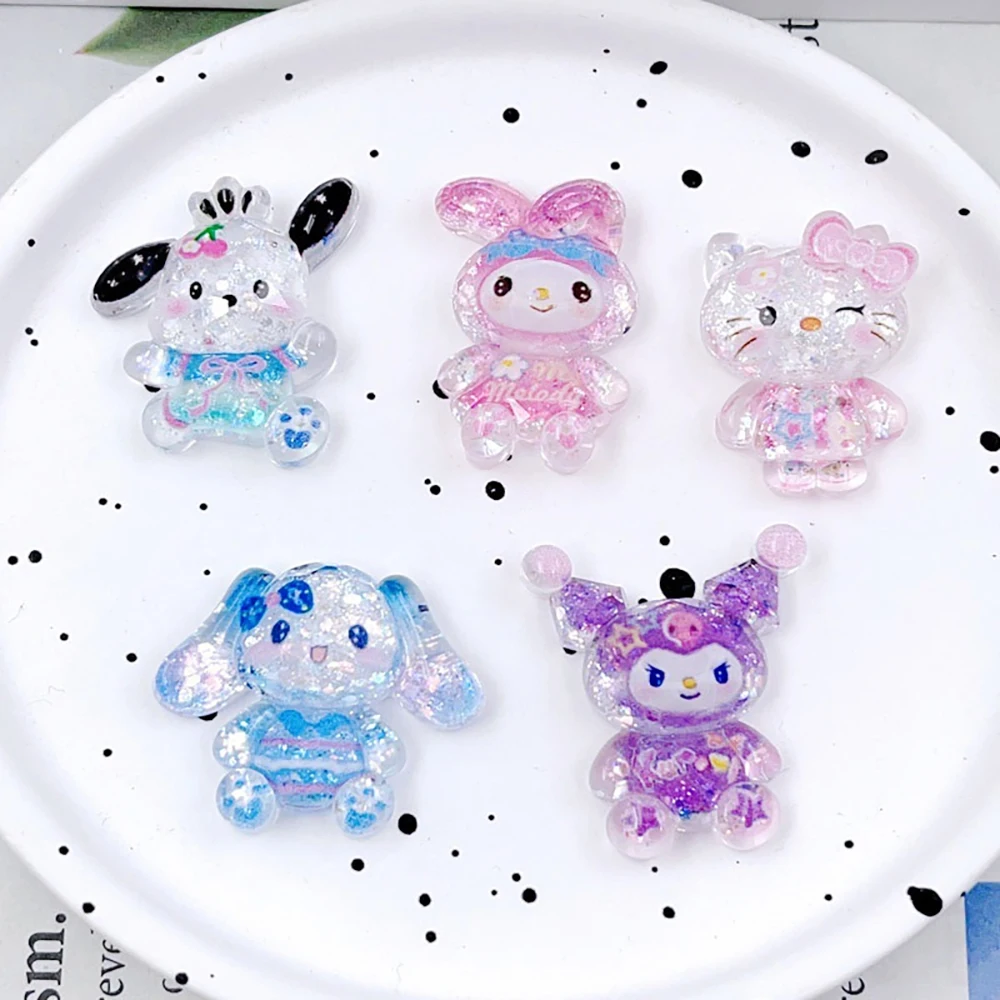 20 buah Aksesori kuku Sanrio payet Glitter kartun gambar cetak macan tutul Hello Kitty Kuromi Cinnamoroll Diy stiker seni kuku