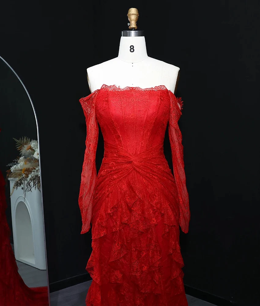 تخصيص رائعة الدانتيل المتدرج حورية البحر الكشكشة المتدرج قبالة الكتف مساء اللباس جودة عالية طويلة الأكمام فساتين حفلة موسيقية