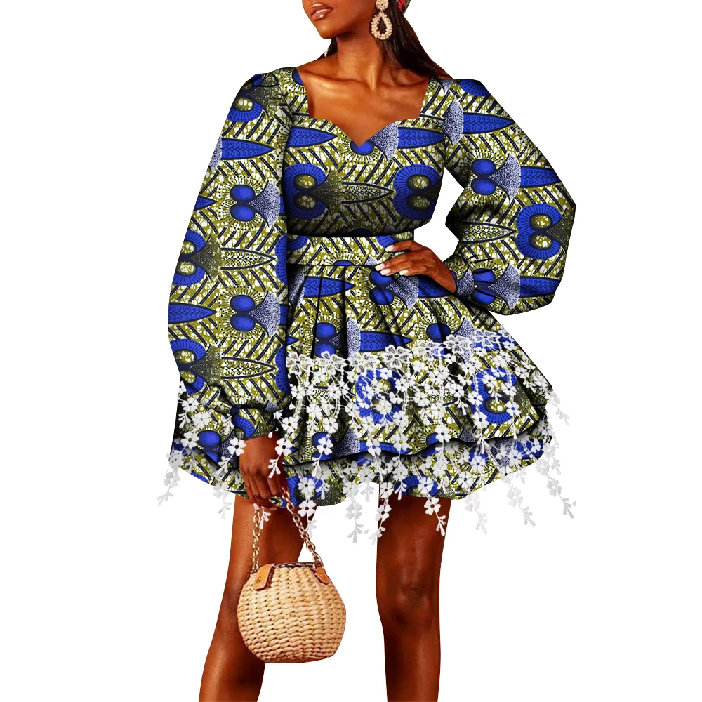 African Long Sleeve Women's Dress Ankara Printed Double Layer Tassel  Mini Belt Dresses African Women Party Daily Clothes Wy9152