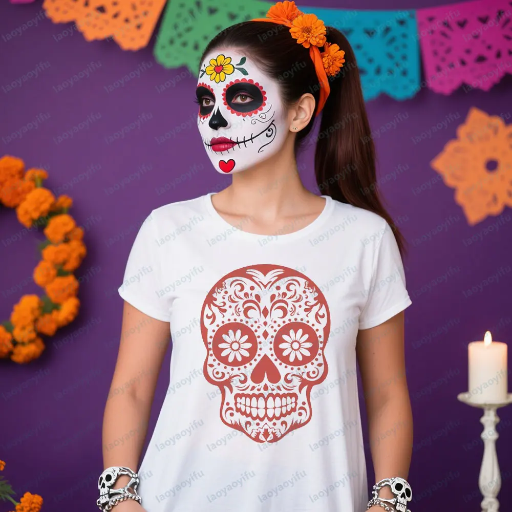 

Sugar Skull TShirt Day of The Dead Calavera Tee Gothic Floral Skull Graphic T-Shirt Mexican Folk Art Tops Halloween Gift Shirt