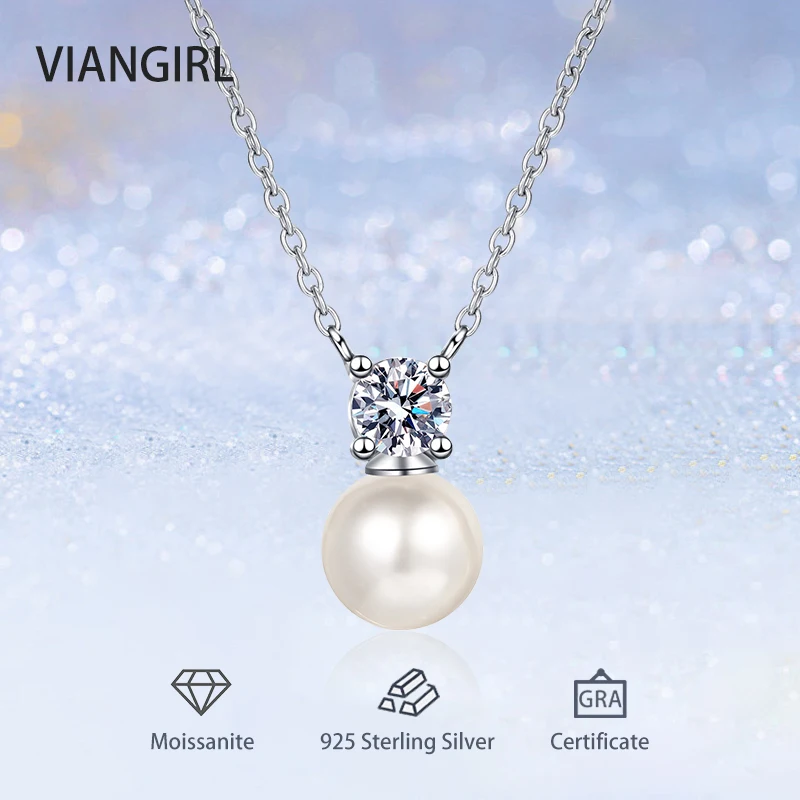 

0.3/0.5CT Real Moissanite Pearl Pendants Necklace for Women Bridal Wedding Party 925 Sterling Silver Clavicle chain Fine Jewelry