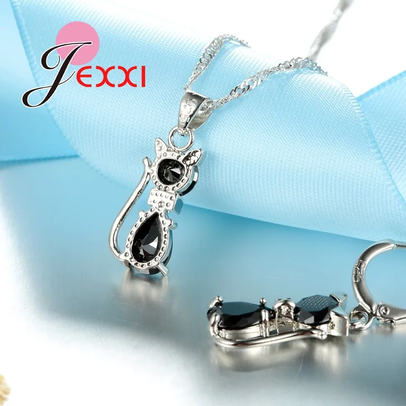 Ensembles de bijoux en argent pour femmes, livraison rapide, fiançailles romantiques, chat mignon, collier, boucles d\'oreilles avec cristal